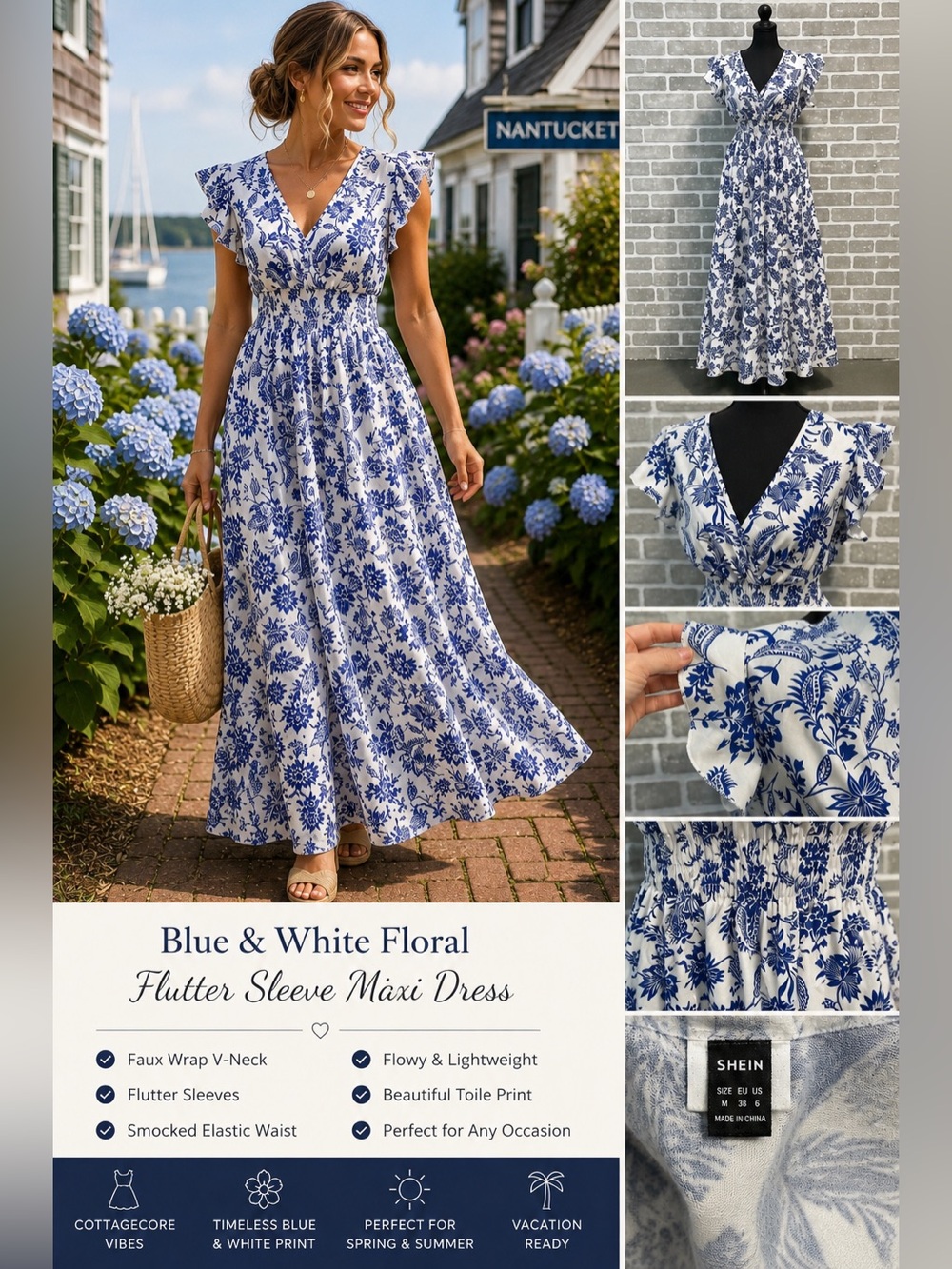 SHEIN Blue White Floral Maxi Dress Smocked Waist Flutter Sleeve Cottagecore M